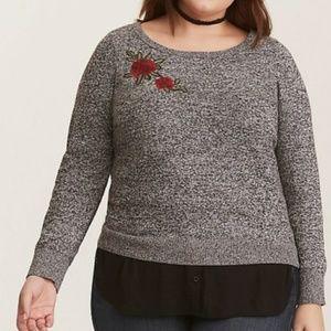 Torrid Black & White Marled Sweater with Roses